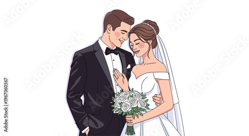 Happy Couple, Bride and Groom in Wedding Attire, Romantic Embrace, White Background