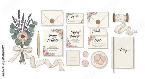 Wedding Invitation Set with Floral Accents, Lavender Bouquet, and Ribbon