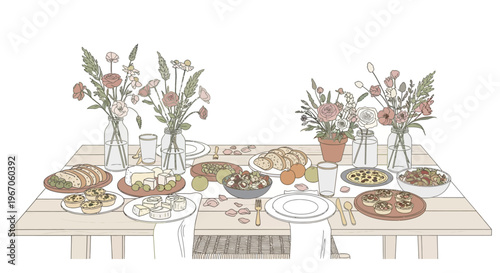 Hand-drawn illustration of a rustic dining table set for a meal with floral arrangements.
