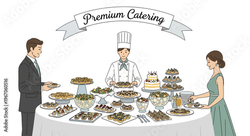 Elegant Catering Service: Chef Serves Food to Guests at a Buffet Table