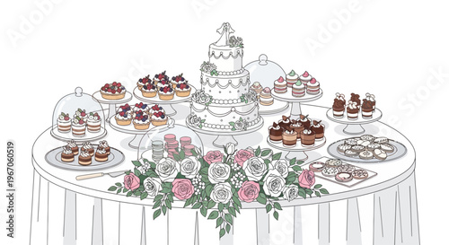 Elegant Wedding Dessert Table with Cake, Cupcakes, and Macarons