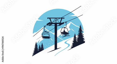 Mountain ski resort scene with chairlift, snow, trees, and sky