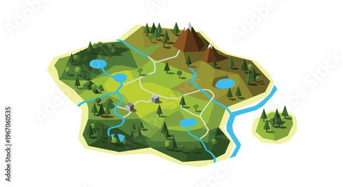 A low-poly isometric map of a landscape with green hills, brown mountains, blue rivers, pine trees, and two houses is isolated on a white background.