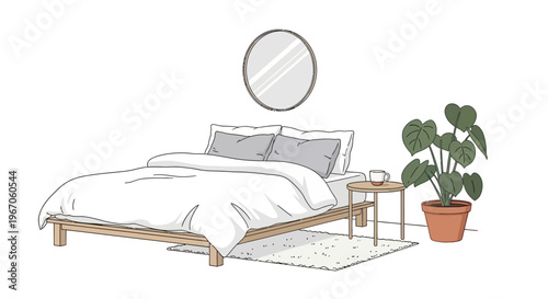 Cozy minimalist bedroom interior with a bed, nightstand, plant, and mirror.