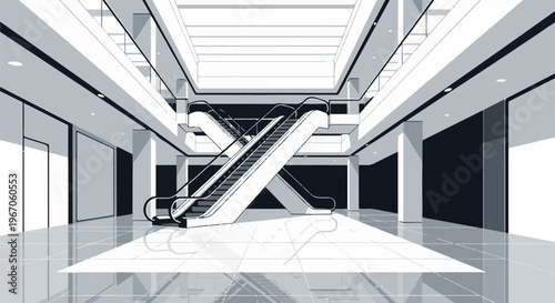Modern interior with intersecting escalators and reflective floors