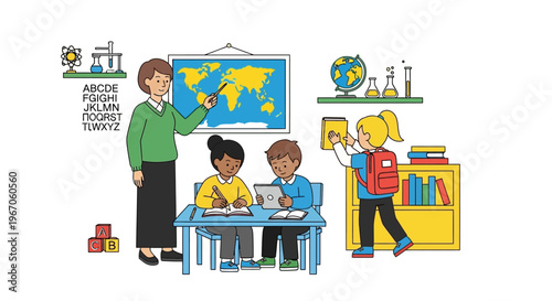 Children Learning Geography and Science in Classroom with Teacher and Technology
