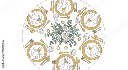 Elegant Table Setting for Celebration: Gold Plates, Napkins, Cutlery, Floral Centerpiece