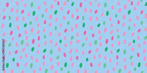 Seamless Bambi print pattern with pink and green fawn spots on pastel blue background