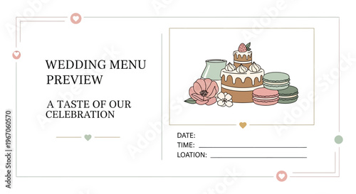 Elegant Wedding Menu Preview with Cake and Macarons, Celebration Details