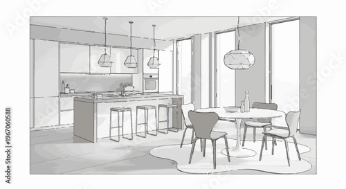 Modern kitchen and dining area sketch with island and round table
