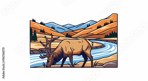 Majestic elk drinks from a winding river in a stylized mountain valley