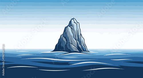 Isolated rock formation rises from wavy blue ocean under gradient sky
