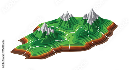 An isometric 3D illustration shows a stylized mountainous landscape with green contoured hills and five snow-capped peaks on a white background.