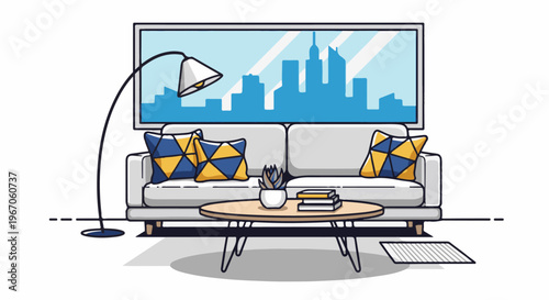 Modern living room with city skyline art, comfy sofa and floor lamp