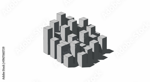 Isometric abstract arrangement of grey rectangular prisms of varying heights