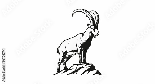 Majestic ibex stands proudly on rocky outcrop, sharp horns curved upwards