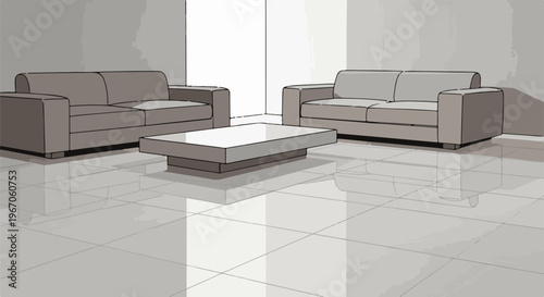 Modern living room with two sofas and a coffee table in a clean, minimalist style
