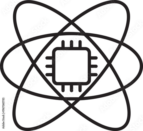 Atom symbol with microchip processor inside line icon representing advanced quantum computing and scientific research