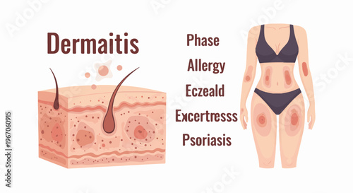 Illustration of skin layers with hair follicles and areas affected by dermatitis