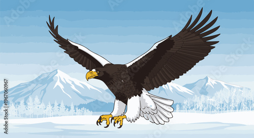 Majestic raptor with outstretched wings soars over a snowy mountain landscape