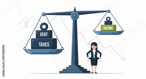 Imbalance between debt, taxes, and income shown on scales with distressed figure