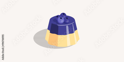 Blueberry jelly pudding dessert with creamy vanilla layer and fresh blueberry toppings, delicious fruit panna cotta flat vector illustration.