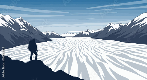 Lone backpacker stands on a rocky outcrop overlooking a vast, icy glacial valley