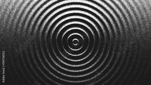 Stippling artwork with concentric circles geometry expand in rhythmic harmony. Ripple pattern made from countless dots creating illusion of light and shadow. Dynamic illusion of sound waves. Vector