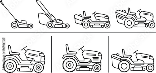 Minimalist line art set of lawn mowers and garden tractors, showcasing push mower, ride on mower, and landscaping equipment in simple outline vector style