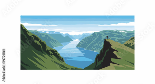 Lone figure atop a green cliff overlooks a serene fjord and distant mountains