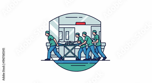 Medical personnel transport patient on a stretcher into a modern building