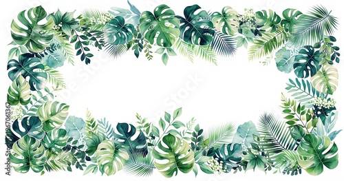 Watercolor tropical leaf frame with monstera and palm foliage. Exotic botanical border with lush greenery and plant elements. Decorative background template for wedding card invitation.