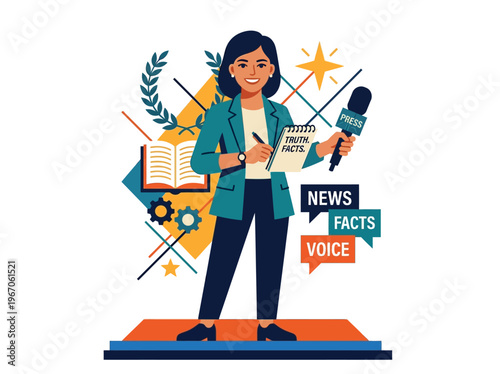 Flat vector illustration of a confident female journalist reporting, holding microphone and notepad, surrounded by news and media symbols.