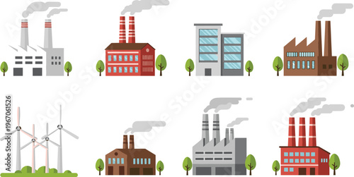 Industrial factory buildings and wind turbines flat vector illustration set, manufacturing plants, power stations, urban industry infrastructure, energy production icons collection