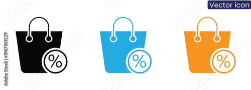 Vector icons of shopping bags in black, blue, and orange with a percentage sign, symbolizing discounts and sales, on a clean white background for commercial use