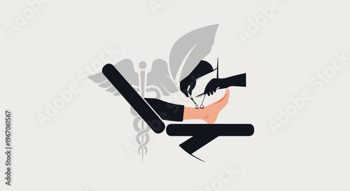Medical procedure on a foot with surgical tools and a caduceus symbol