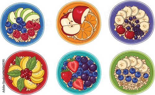 Healthy fruit oatmeal bowls set, breakfast granola with berries, banana, apple, and citrus, nutritious food flat vector illustration collection