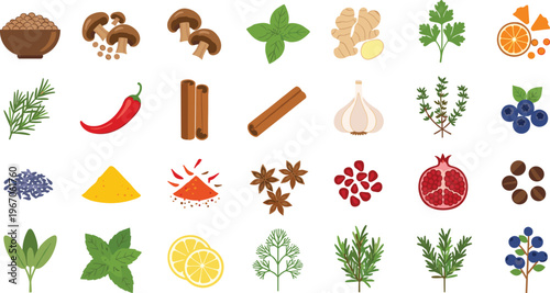 Large collection of colorful flat vector icons featuring various fresh herbs spices vegetables and fruits isolated on white background for culinary cooking and healthy lifestyle design projects