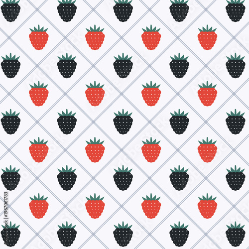 Minimalist pattern of red raspberries and dark blue blackberries in a tile pattern on a white background.