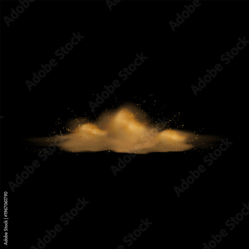 A realistic golden dust cloud with flying sparks, glowing particles, or sand on a black background