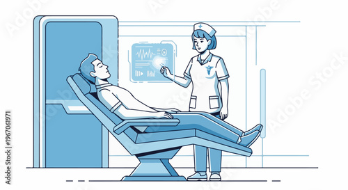 Medical professional interacts with patient on futuristic examination chair showing data