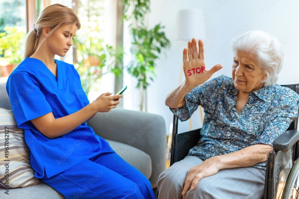 Obraz premium Senior Woman Shows STOP to Neglectful Nurse Focused on Her Smartphone