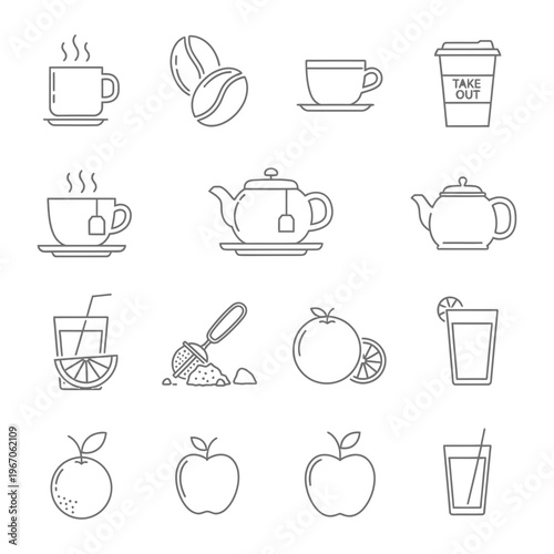 Quadro su tela Beverage and food icons with line art