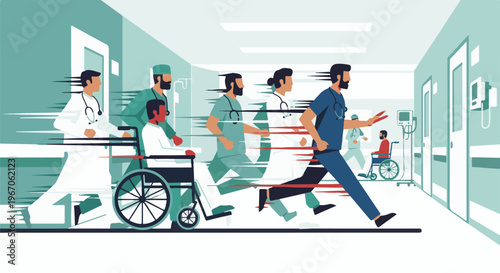 Medical professionals rush down a hospital corridor with a patient in a wheelchair