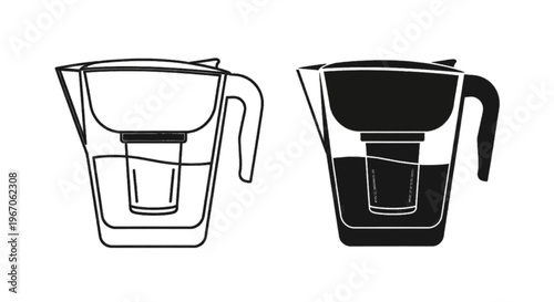 Vector illustration of water filter pitcher icon set, line and solid style on transparence background