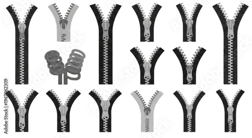 Vector illustration of set of various zipper sliders and tape on transparence background