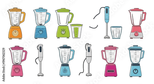 Vector illustration of set of various kitchen blenders and immersion hand mixers on transparence background