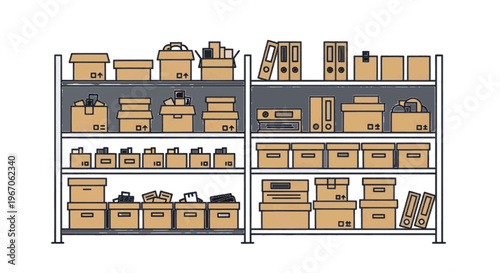 Vector illustration of warehouse shelves with cardboard boxes and office folders on transparence background