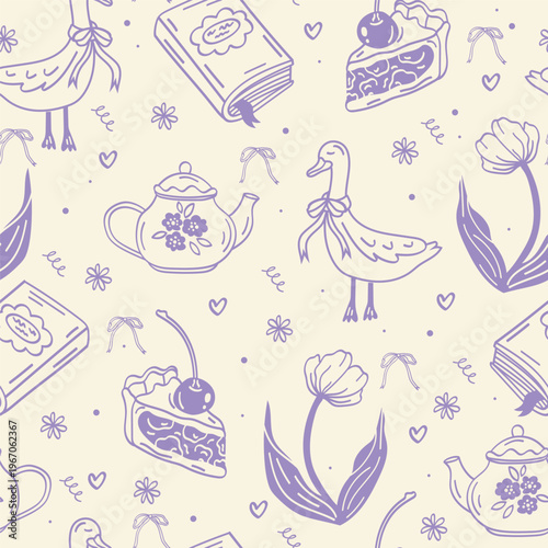 Foto Cute cottagecore seamless vector pattern with hand drawn goose, tea, teacup, box