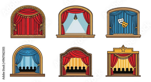 Vector illustration of set of theater stages with red and blue curtains and audience silhouettes on transparence background